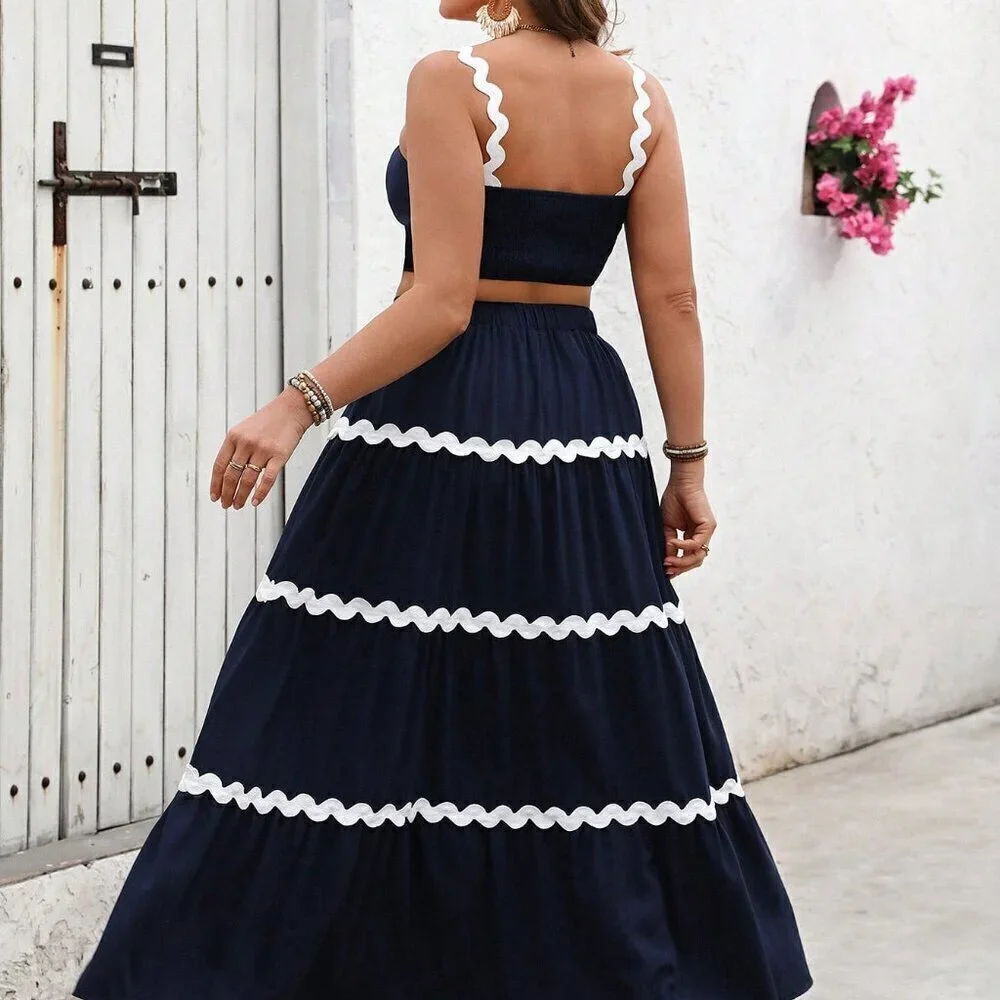 Navy Blue Boho Women's Plus Size Ruffle Trim Camisole And Mini Skirt Set